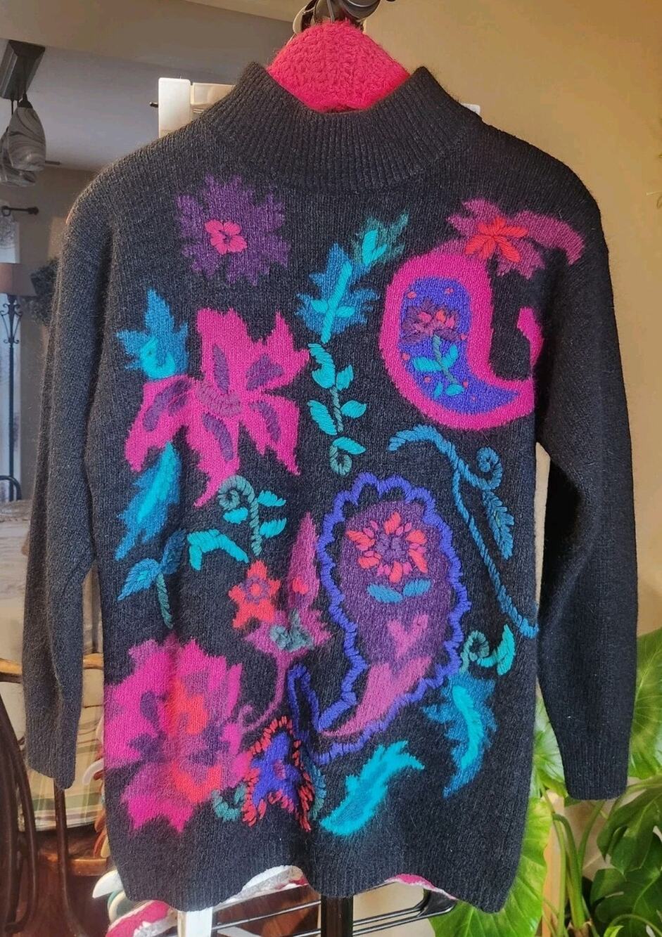 Segue Silk Angora Sweater Womens S Floral Paisley Art Knit Black Colorful 90s